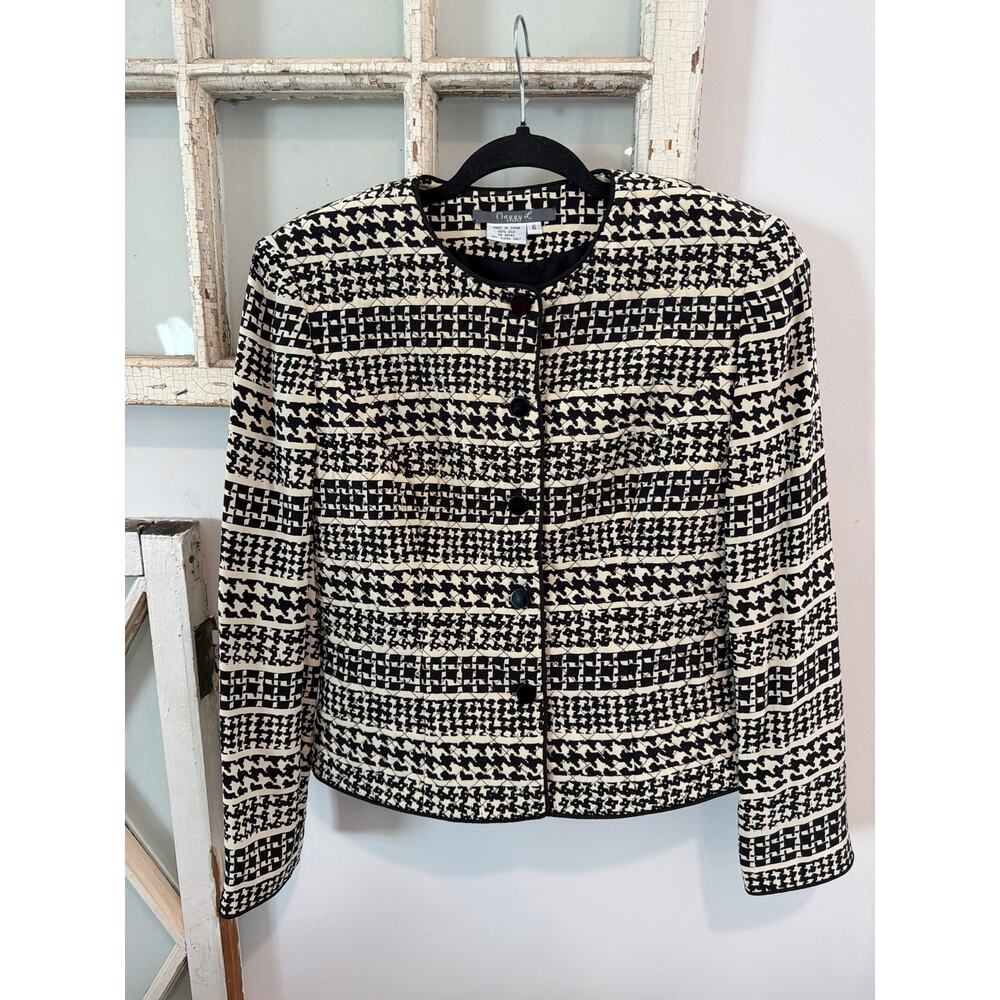 Maggie L size 6 black & cream button down blazer jacket 100% silk
